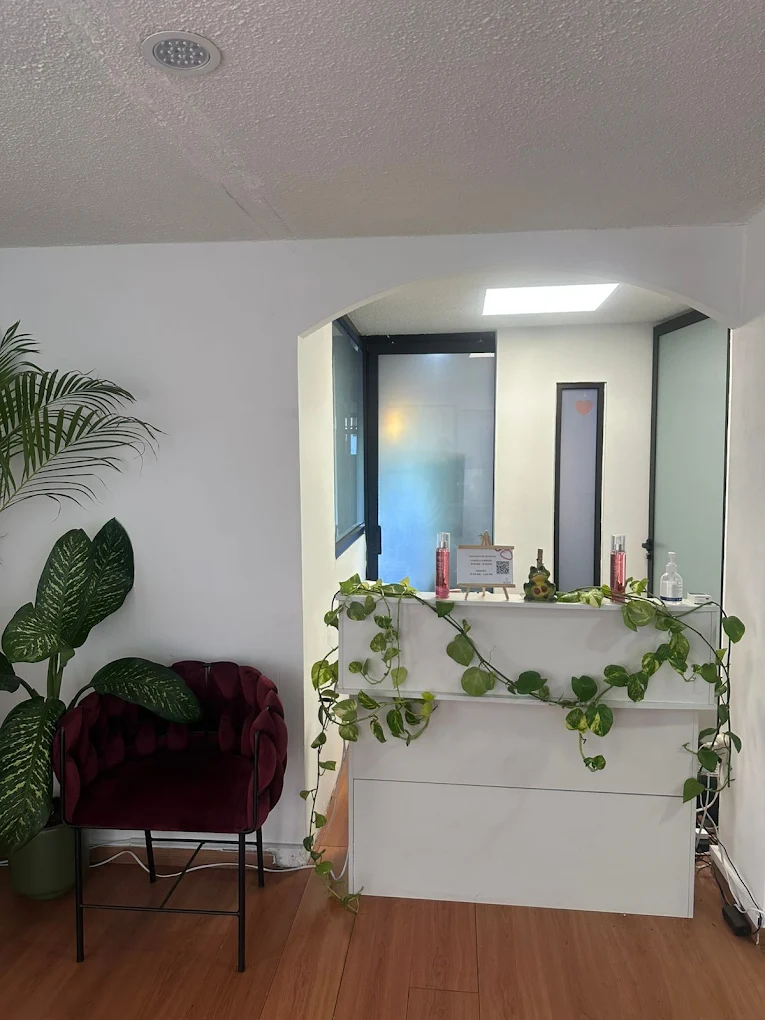 Recepción de Mi momento Bloom con plantas y sillón color vino